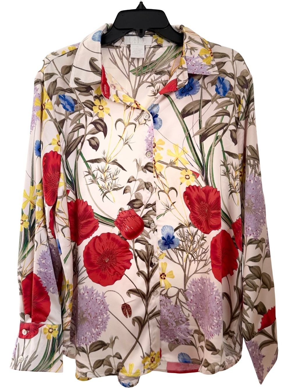 L.I.F.E Floral Button-Up Blouse in Cream with Red & Lavender Flowers
